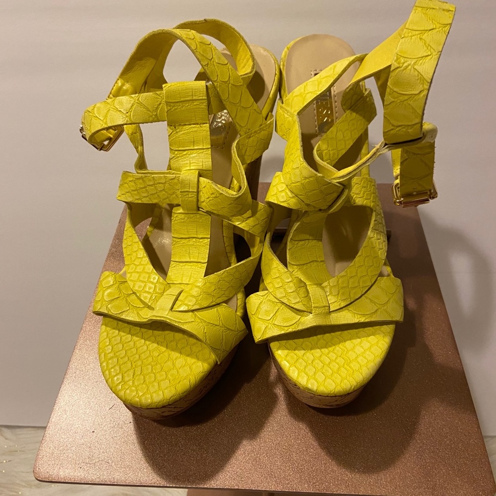 Guess Bright Yellow Cork Heel Sandal Size 6.5 M